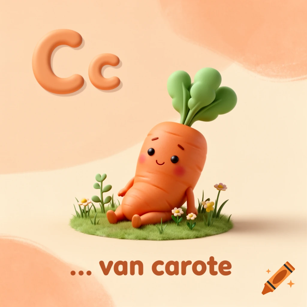 A soft 3D cartoon illustration of a happy carrot character sitting in grass with flowers, next to large 'C c' letters and the text '... van carote'.