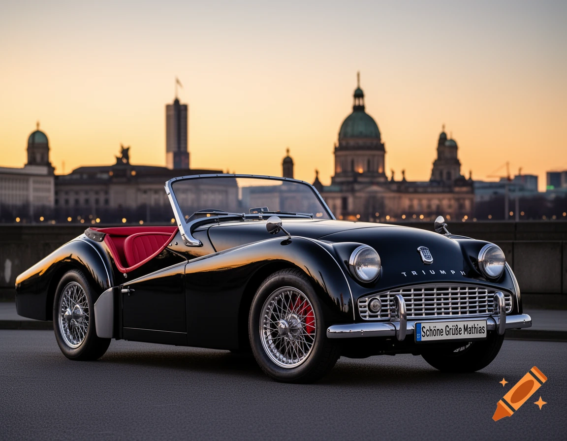 A black Triumph TR3 A convertible with a red interior and chrome wheels parked on asphalt at sunset with the Berlin skyline in the background.
