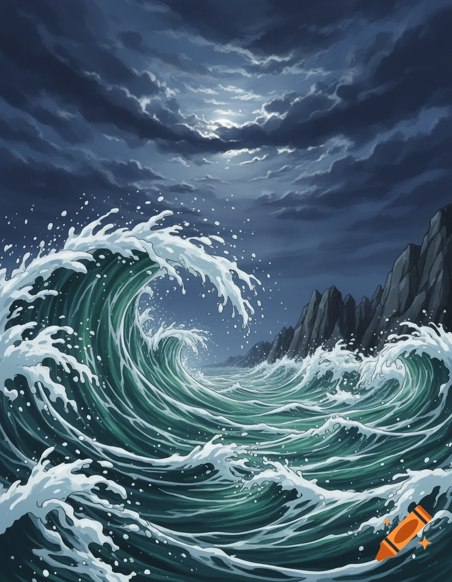 Manga sketch of a raging stormy sea with large waves crashing against rocky cliffs under a dark, moonlit sky.