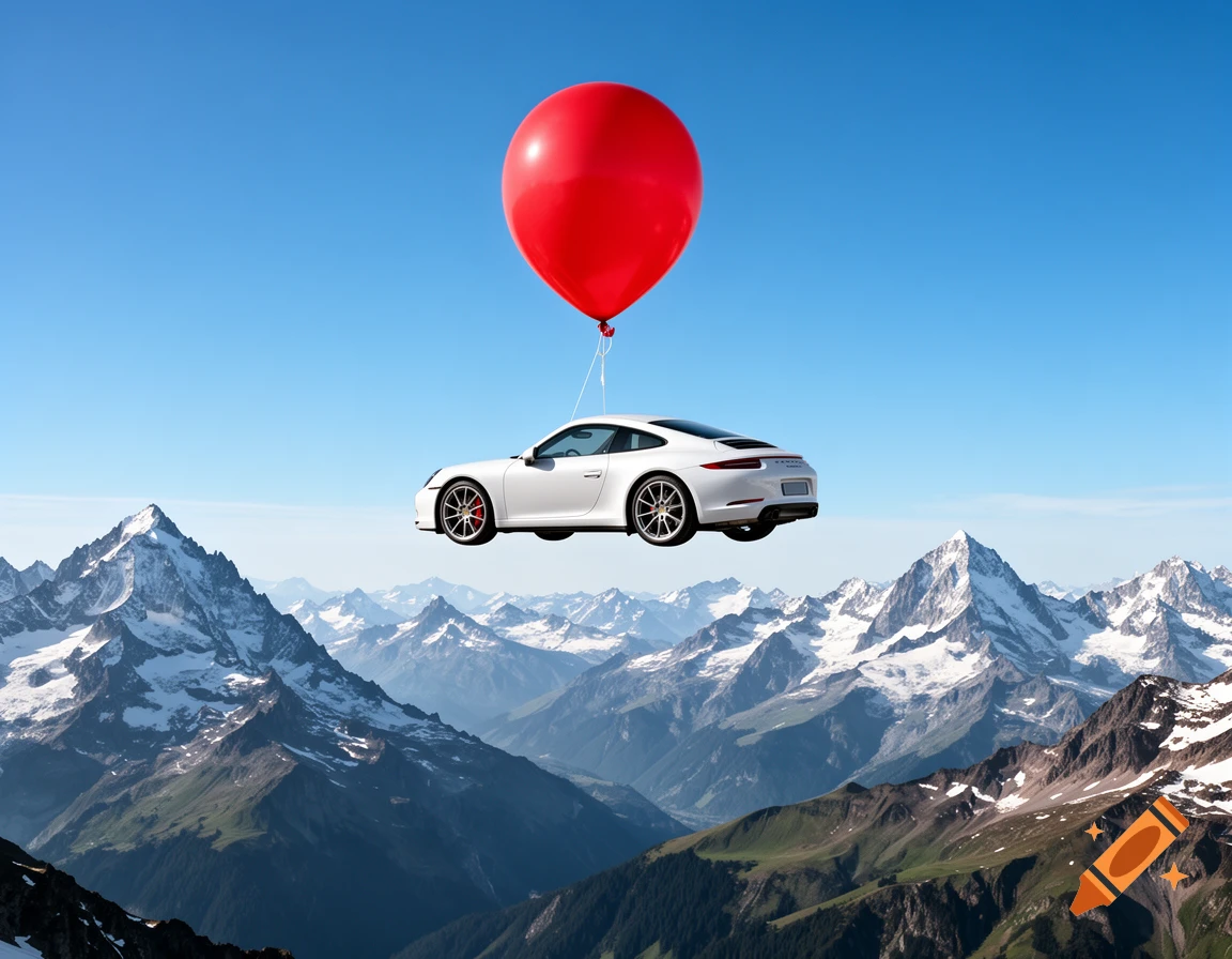 A white Porsche car hangs from a large red hot air balloon, floating high above snow-capped mountains under a clear blue sky.