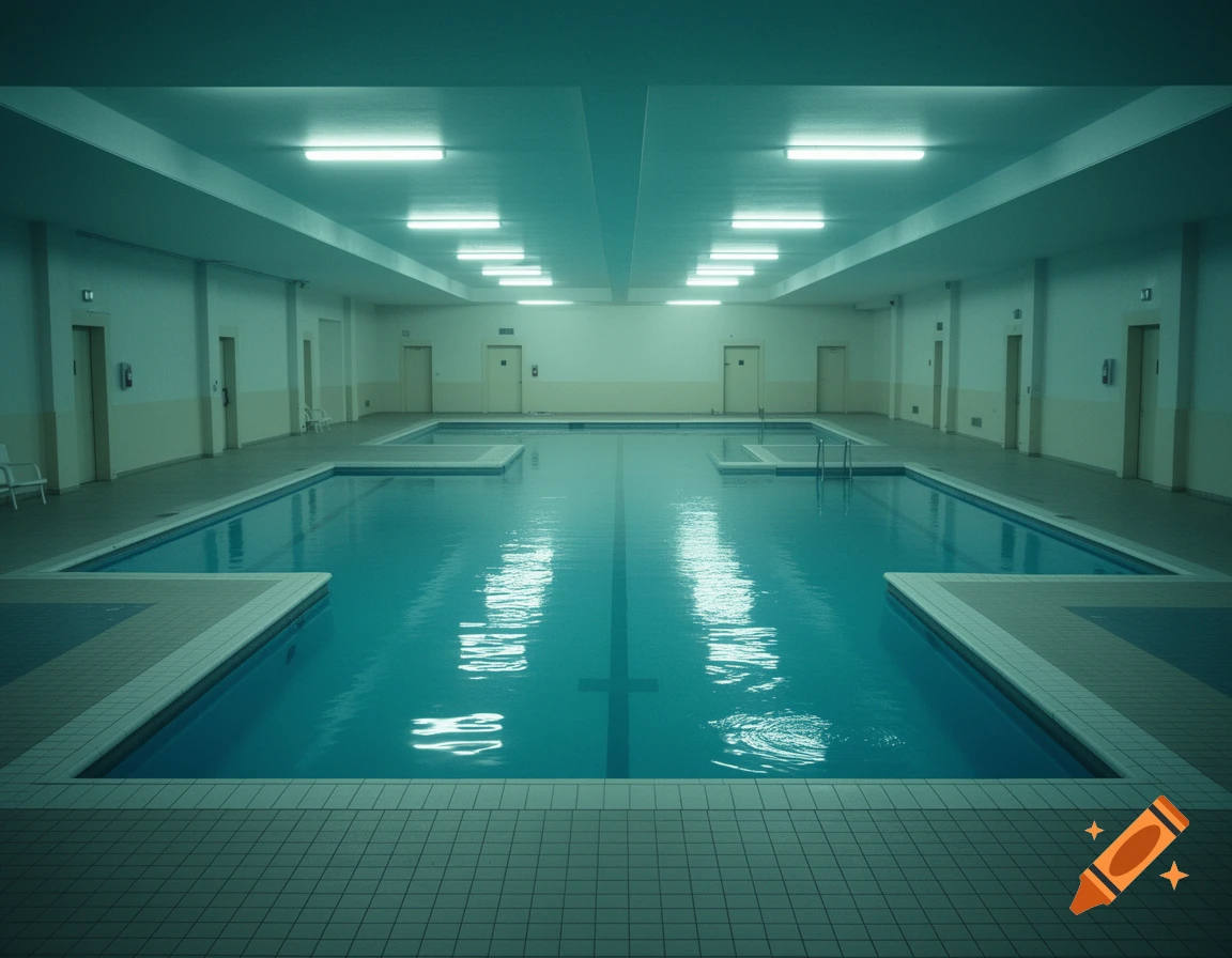 Empty indoor swimming pool with fluorescent lighting reflecting in the teal water, evoking a liminal space.