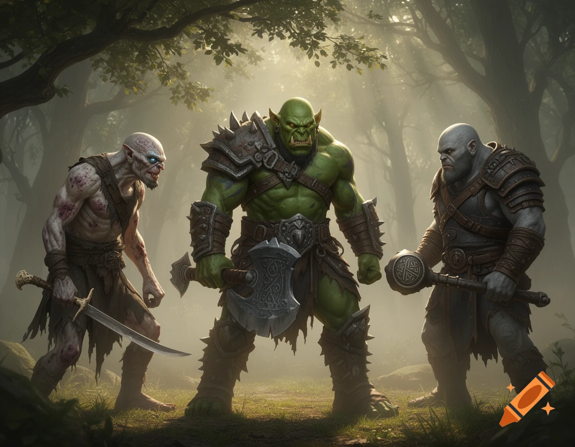 Three imposing fantasy orc-like creatures, one green and muscular with an axe, one pale and gaunt with a sword, and one grey and armored with a mace, stand in a mystical forest with sun rays filtering through trees.