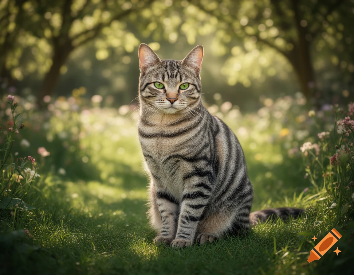 A photorealistic striped tabby cat with green eyes sits on green grass ...