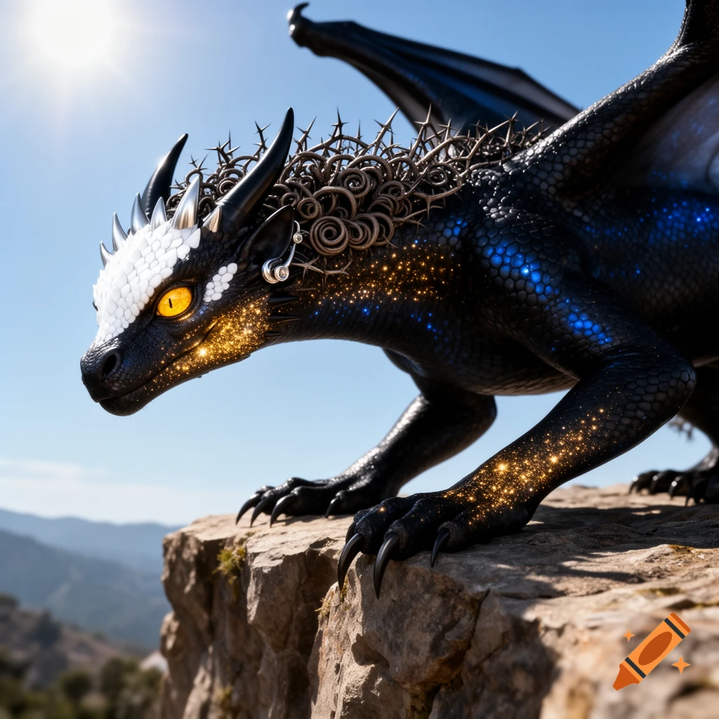 A majestic black dragon with white facial scales, bright amber eyes, and sparkling gold and blue markings, perched on a sunny cliff overlooking mountains.