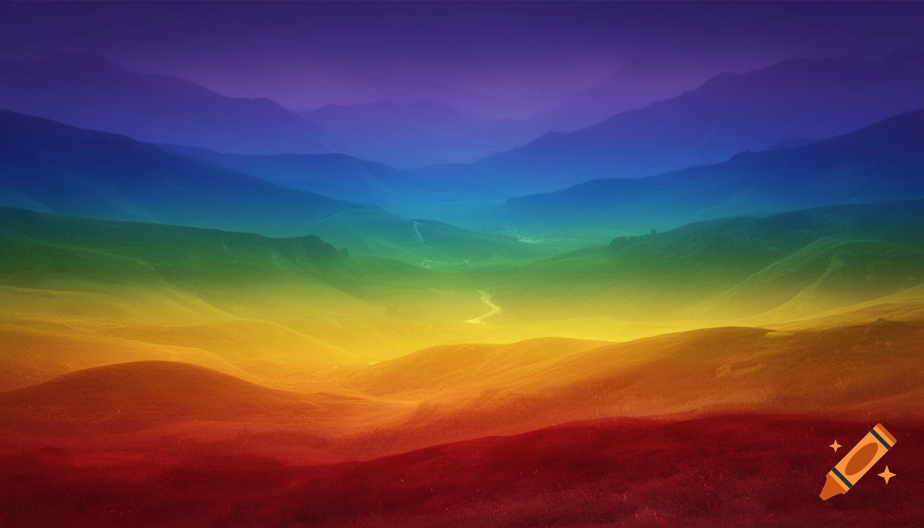 A vibrant landscape of rolling hills and mountains, featuring a seamless gradient of rainbow or chakra colors from red to violet.