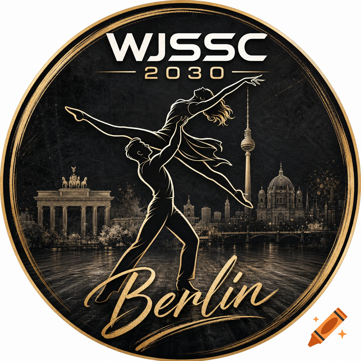 Stylized black and gold logo featuring two dancers in a lift pose over a Berlin cityscape, with text 'WJSSC 2030 Berlin'.