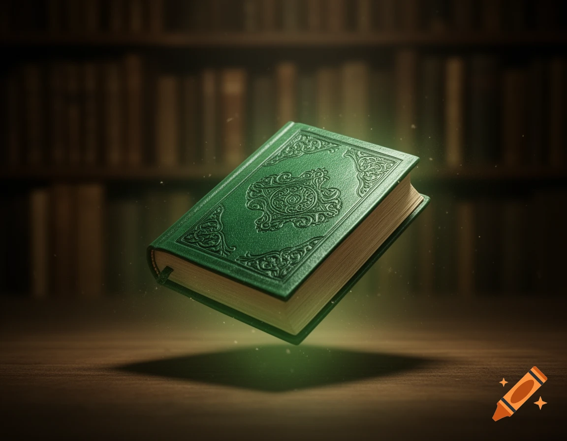 An ornate green book with glowing edges floats above a wooden table in a dimly lit library with bookshelves in the background.