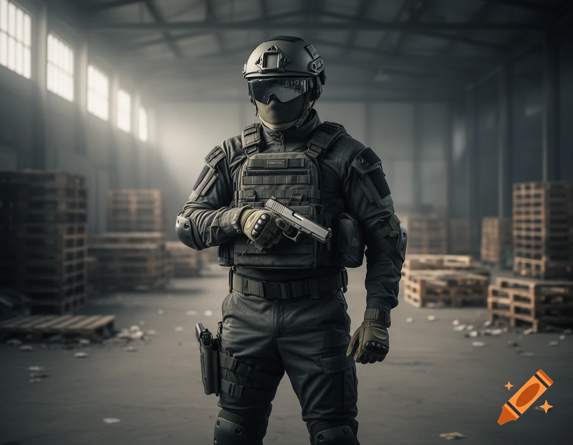 A fully masked spec ops soldier in tactical gear, helmet, and visor goggles, holding a pistol in a dimly lit warehouse filled with wooden pallets.