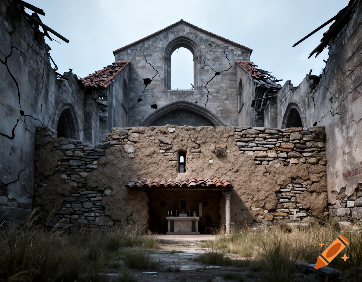 A photorealistic image of a ruined Romanesque church with cracked stone walls, missing roof tiles, and overgrown weeds. An altar is visible inside a small alcove.