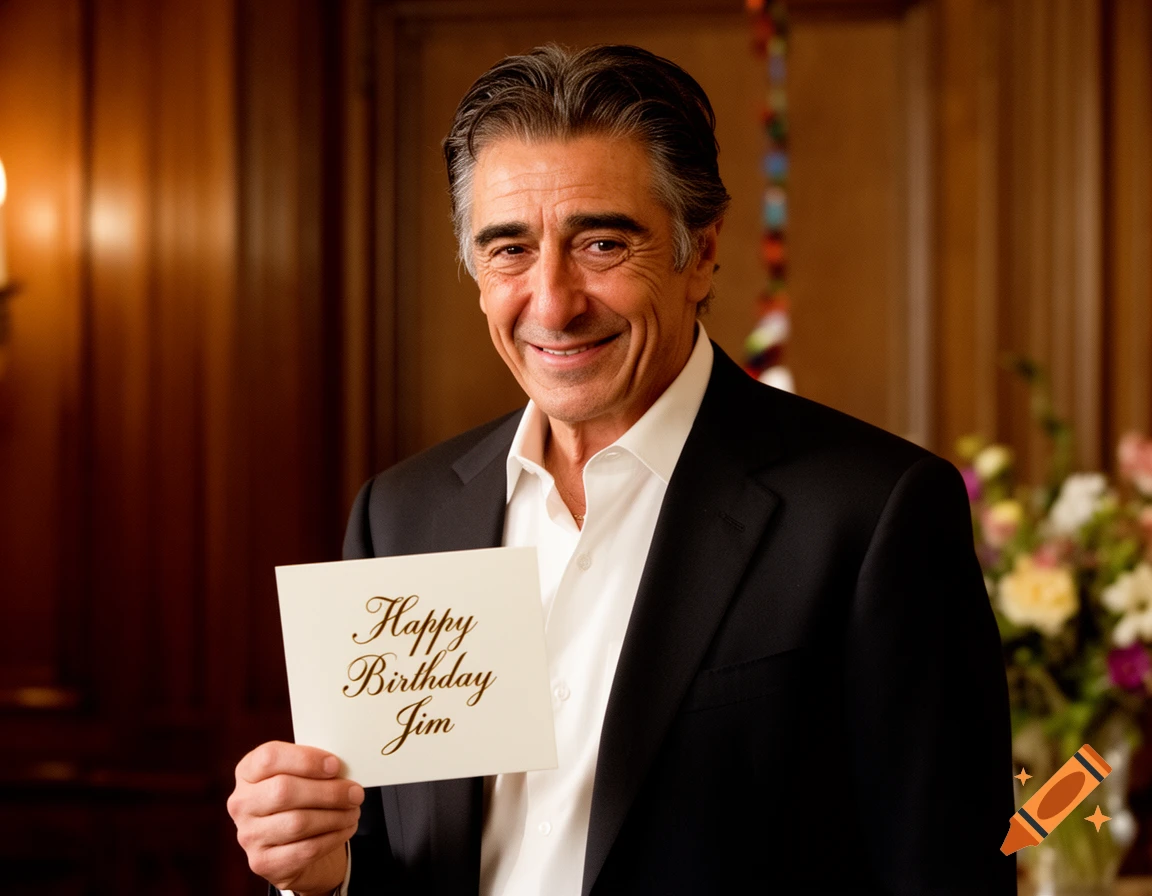 A man resembling Al Pacino smiles, holding a white card that reads 'Happy Birthday Jim'.