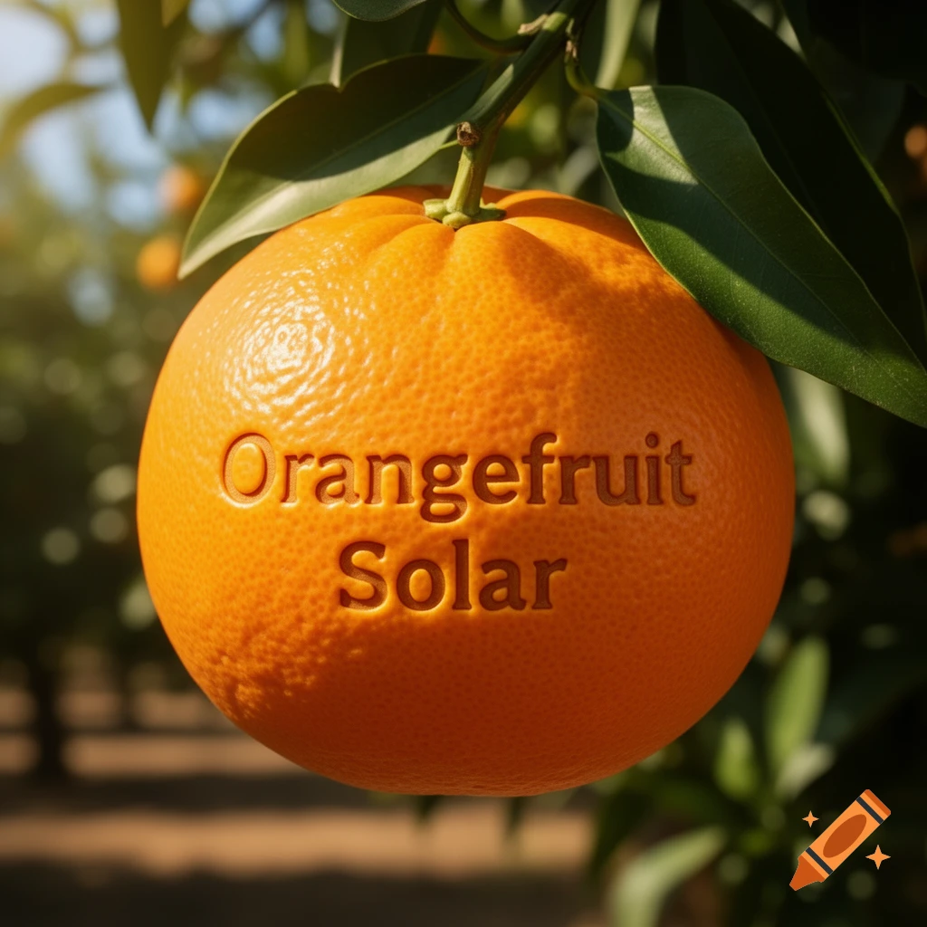 Photorealistic image of an orange with "Orangefruit Solar" embossed, hanging from a branch in a sunny orchard.