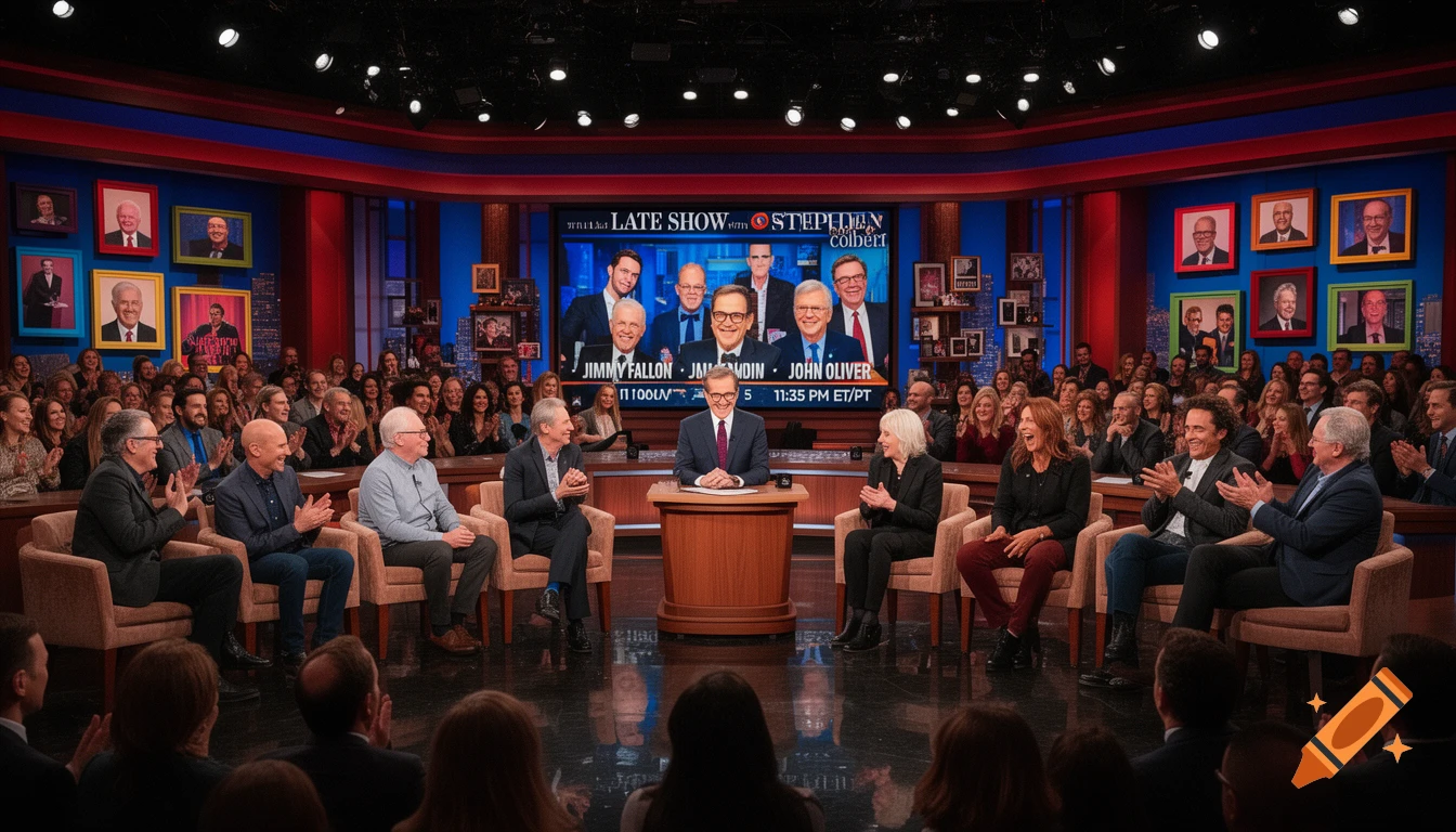 A live TV talk show set with a host seated at a desk, flanked by several guests, all facing a clapping studio audience. A large screen in the background displays names of guests and show branding.