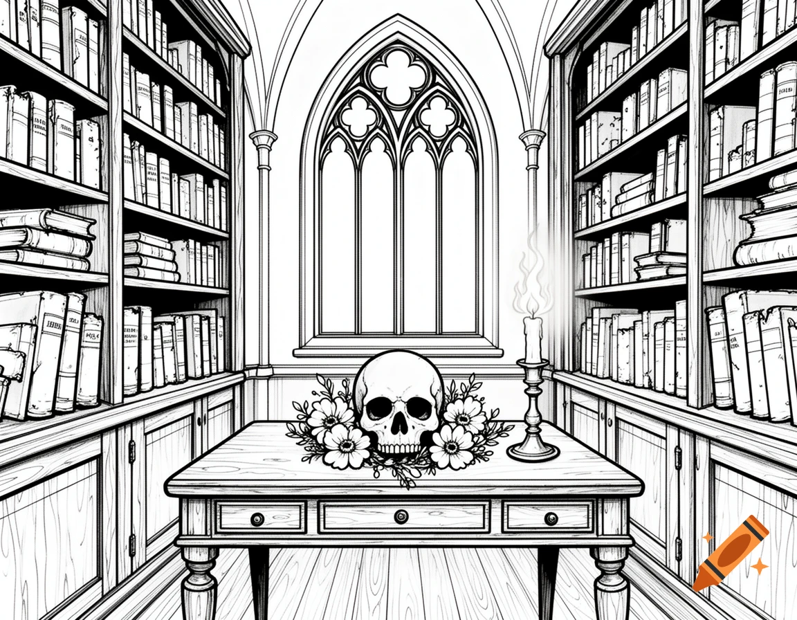 Black and white coloring page of a gothic library with bookshelves, a desk with a skull and flowers, and a lit candle.