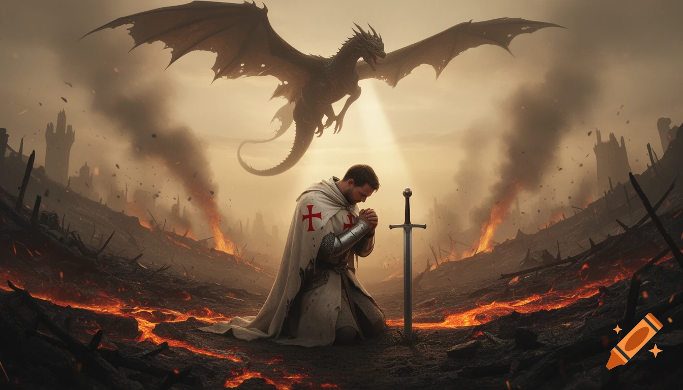 A knight kneels in prayer on scorched, fiery ground with his sword, as a dragon flies overhead in a smoky, hazy sky.