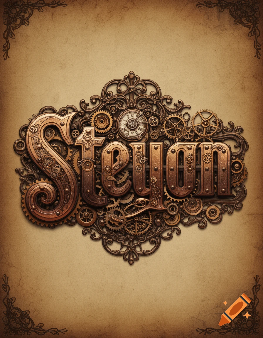 Steampunk style typography spells "Steampunk" with gears and ornate metallic elements on a textured parchment background.