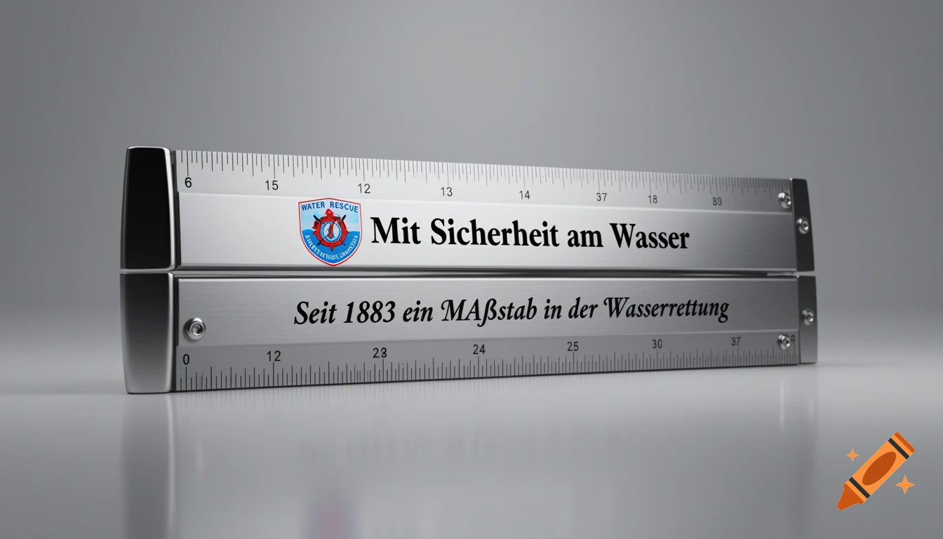 A shiny metal folding ruler with a 'WATER RESCUE' logo and German text, standing on a reflective grey surface.