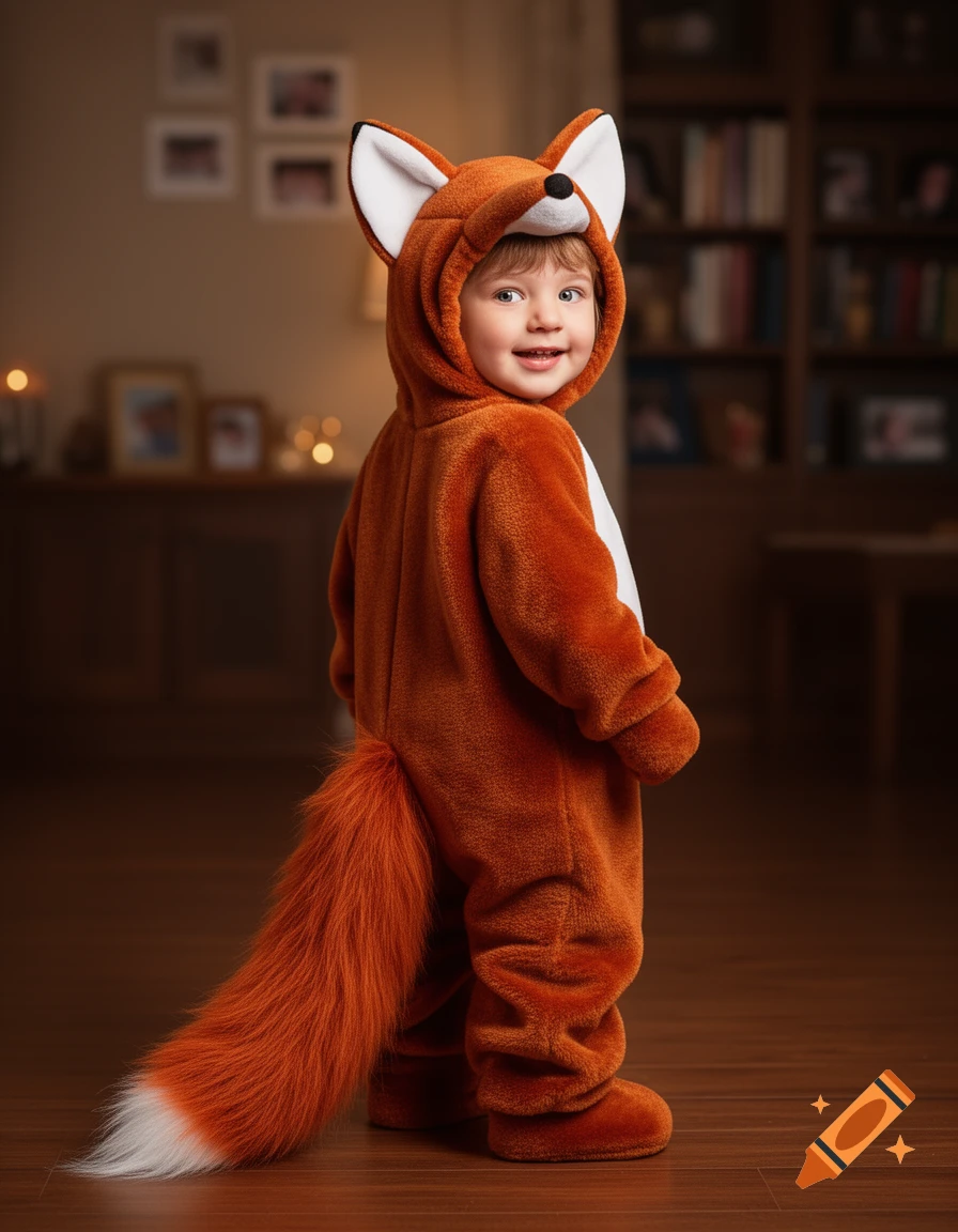A smiling child in an orange fox costume with a fluffy tail looks over their shoulder in a warm, indoor setting.