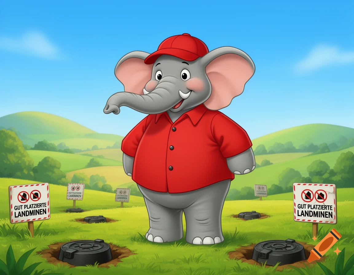 A smiling cartoon elephant in a red shirt and cap stands in a green field with several landmines and signs reading "GUT PLATZIERTE LANDMINEN"