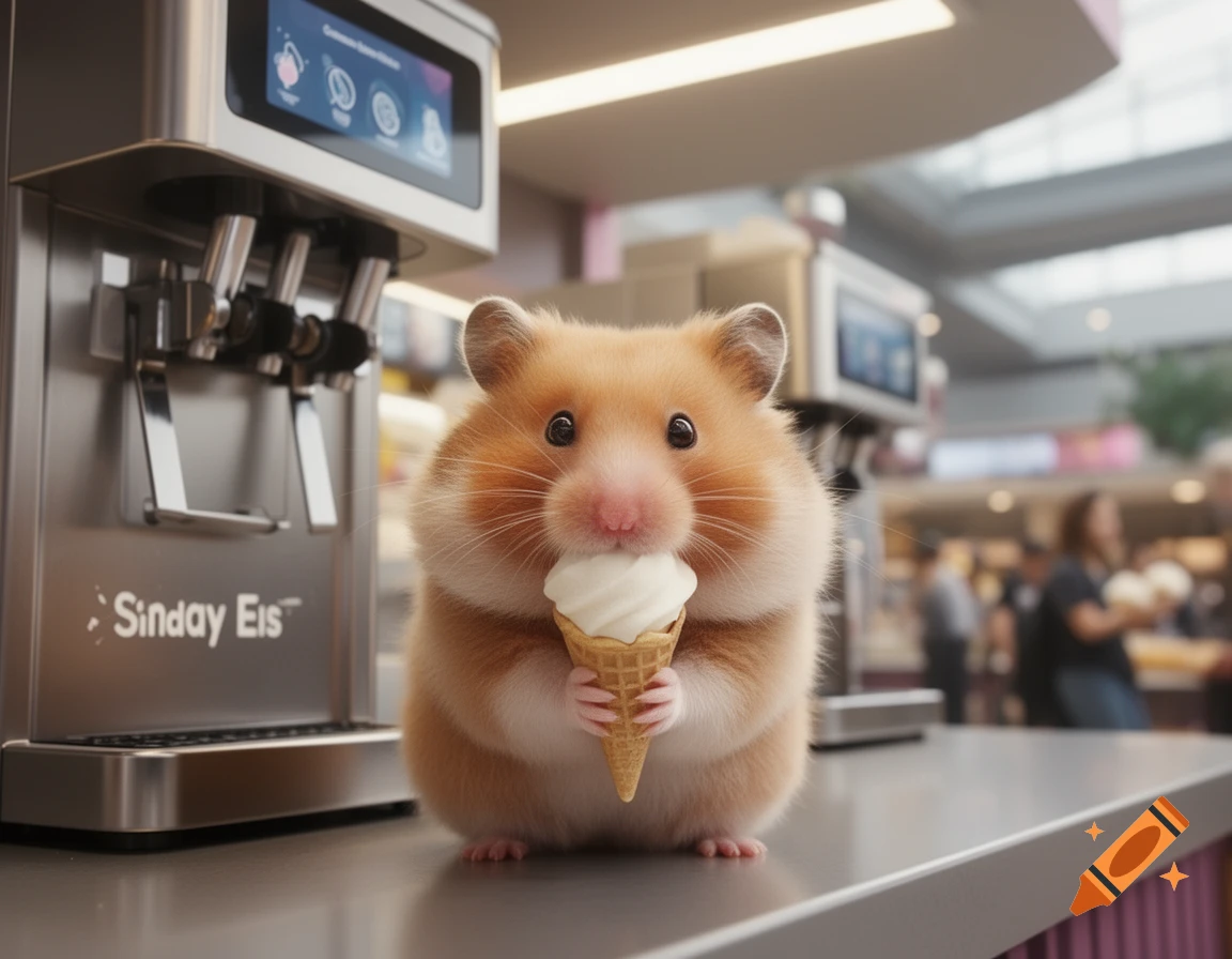 A cute, fluffy hamster holds and eats a soft-serve ice cream cone while sitting on a counter next to an ice cream machine labeled "Sinday Eis".