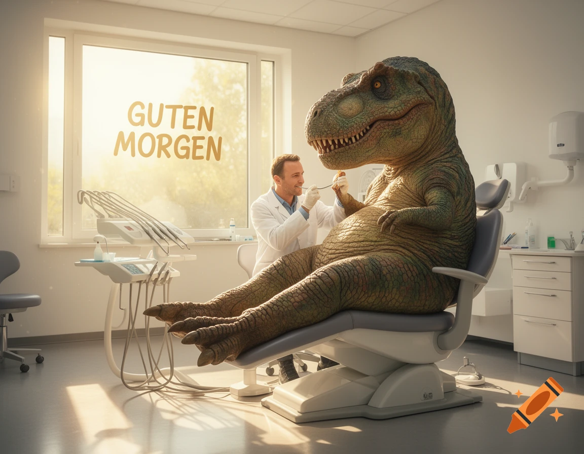 A photorealistic T-Rex in a dental chair gets its teeth examined by a dentist, with 'GUTEN MORGEN' on the sunny window.