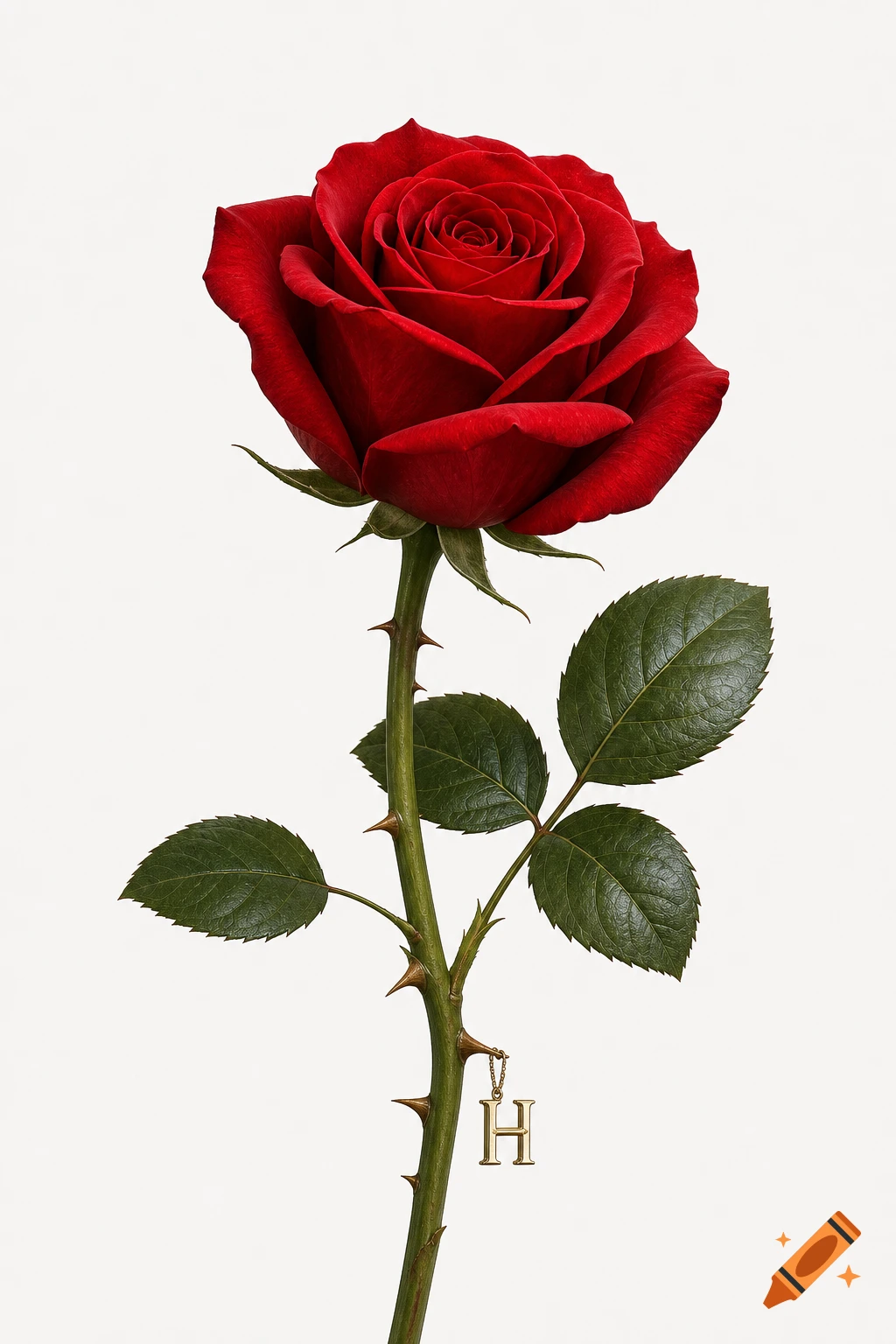 Photorealistic red rose with a green stem and thorns. A small golden letter 'H' charm hangs from one of the thorns.