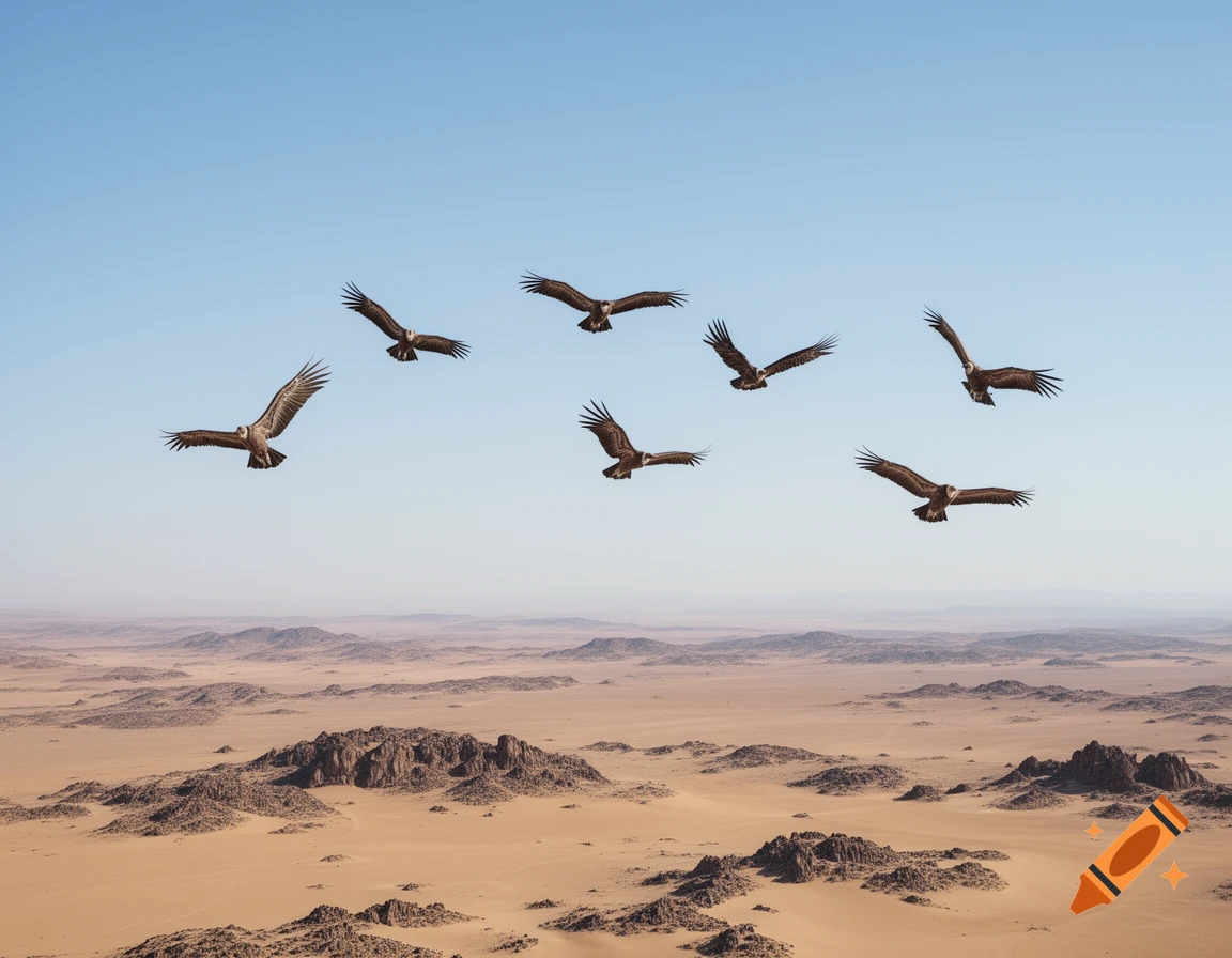 Multiple vultures soar in formation over a vast, rocky desert landscape under a clear blue sky.