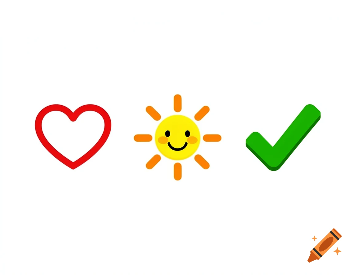 A red heart outline, a smiling yellow sun with orange rays, and a green checkmark symbol are displayed in a row.
