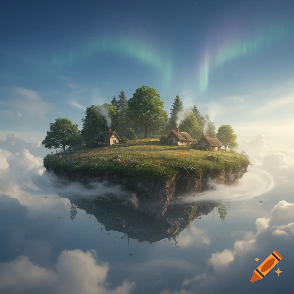 A photorealistic floating island with cottages, trees, and wildflowers, suspended above clouds under an aurora borealis sky.