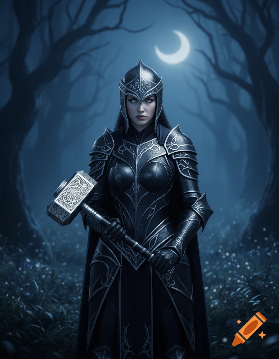 A female drow in intricate black and silver full plate armor holds a large silver warhammer in a dark, moonlit forest.