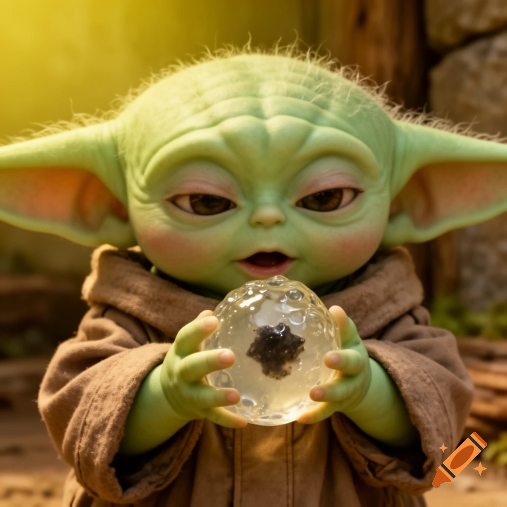 Baby Yoda in a brown robe curiously holds a translucent frog egg, with a warm yellow light from above.