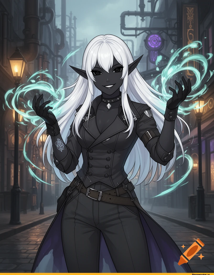 An anime-style Drow elf with black skin, white hair, and black eyes, smirking and casting a spell with glowing hands in a fantasy urban street.