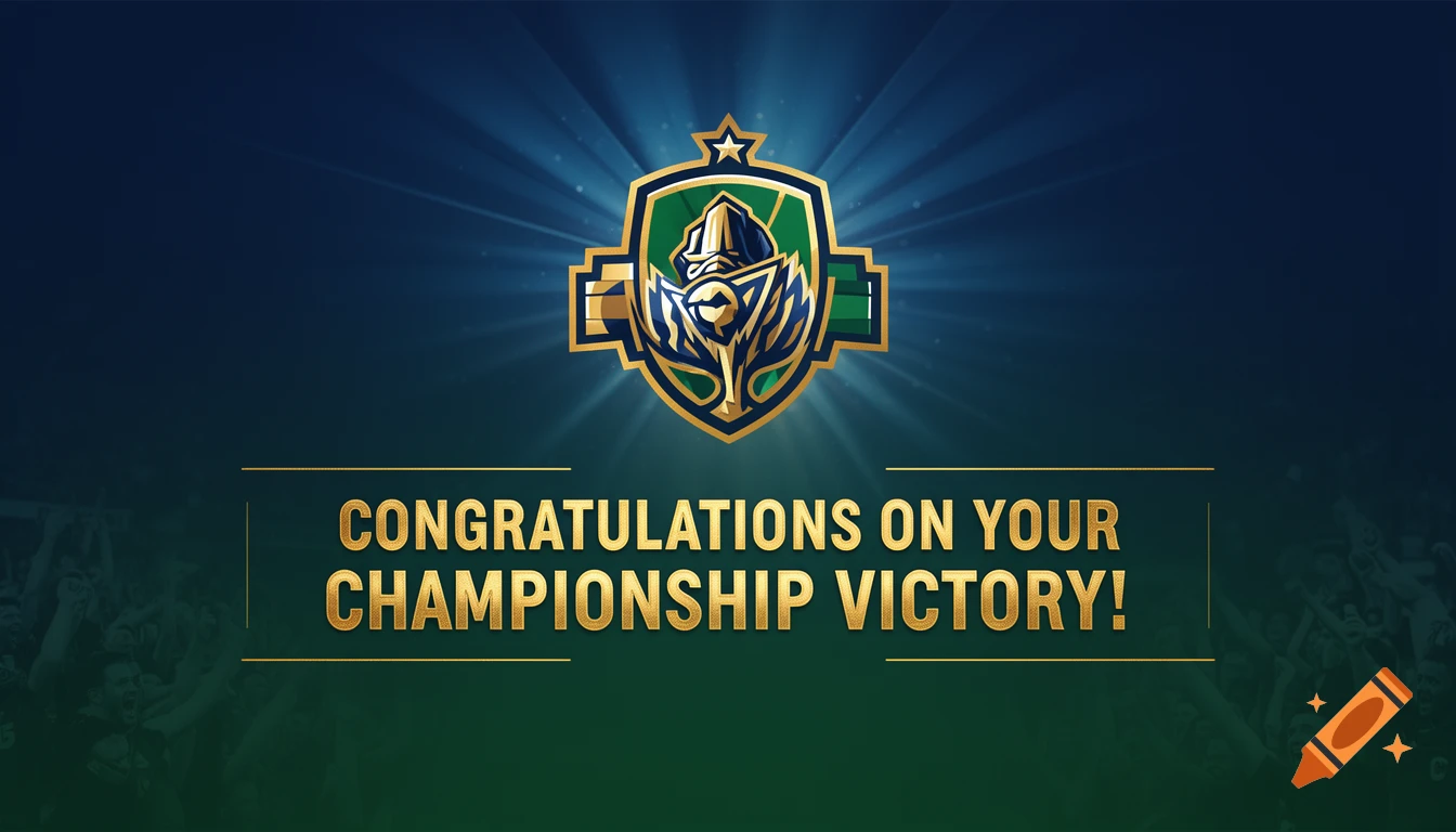 A golden and green championship emblem with a star and shield, above a congratulatory message, 'CONGRATULATIONS ON YOUR CHAMPIONSHIP VICTORY!'.