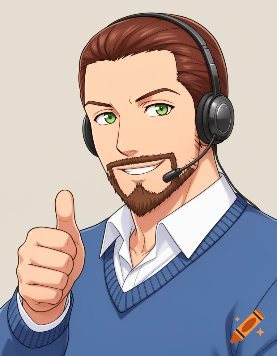Anime portrait of a smiling man with a beard, green eyes, brown hair, wearing a blue sweater and a headset, giving a thumbs-up.