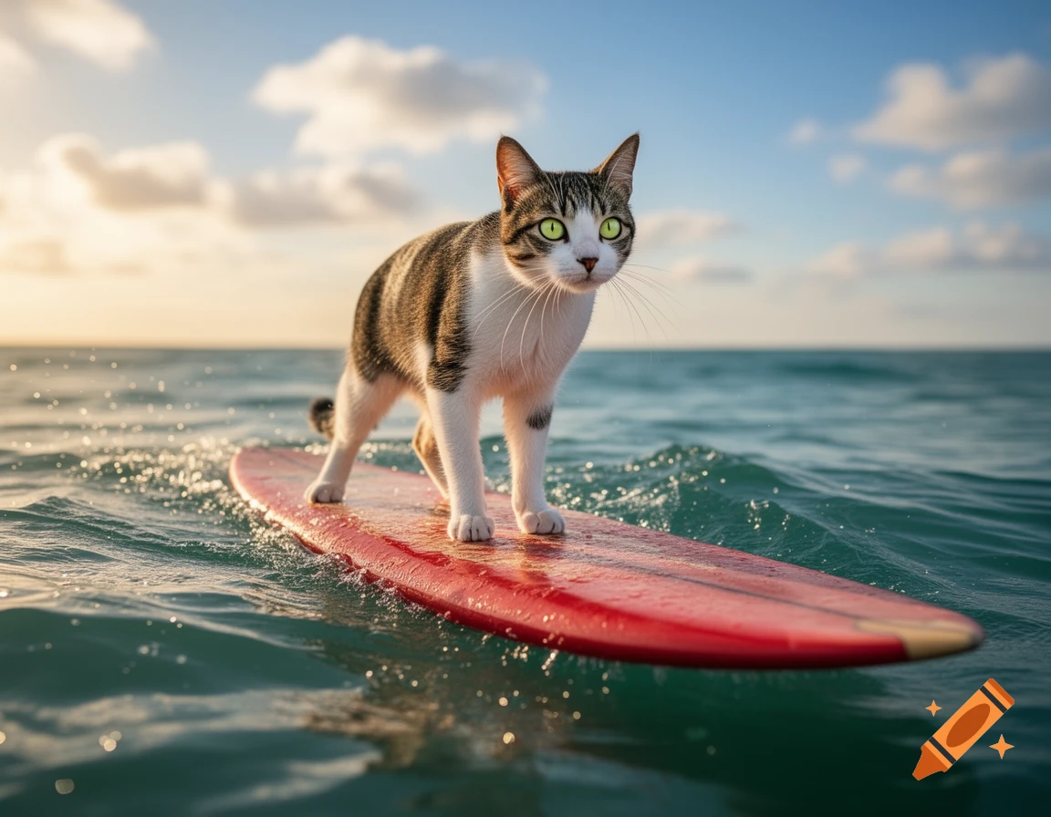 A photorealistic image of a tabby and white cat standing on a red surfboard in the ocean.