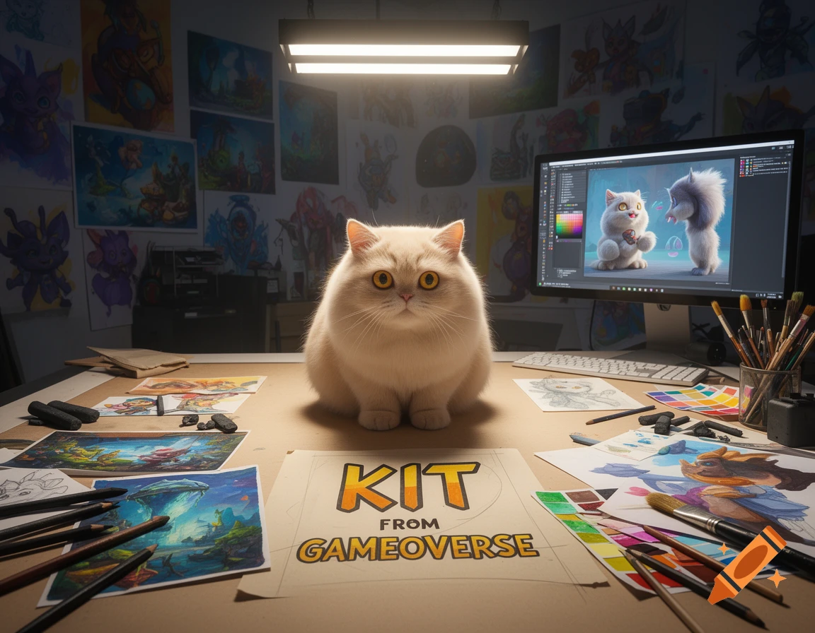 A fluffy white cat sits on an art studio desk covered with concept art, pencils, brushes, and a monitor displaying character designs.