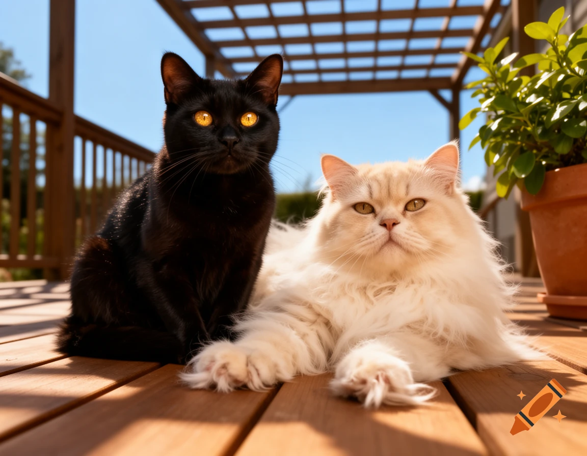 A black cat and a fluffy cream cat sit together on a sunlit wooden deck next to a potted plant.