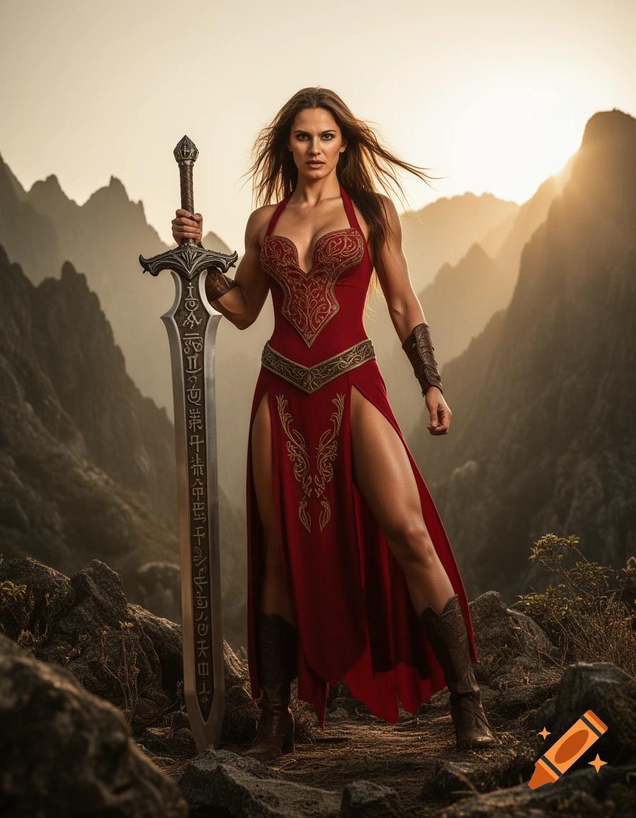 Photorealistic image of a powerful warrior woman in a red dress holding a large ornate sword in a rugged mountain landscape at sunset.