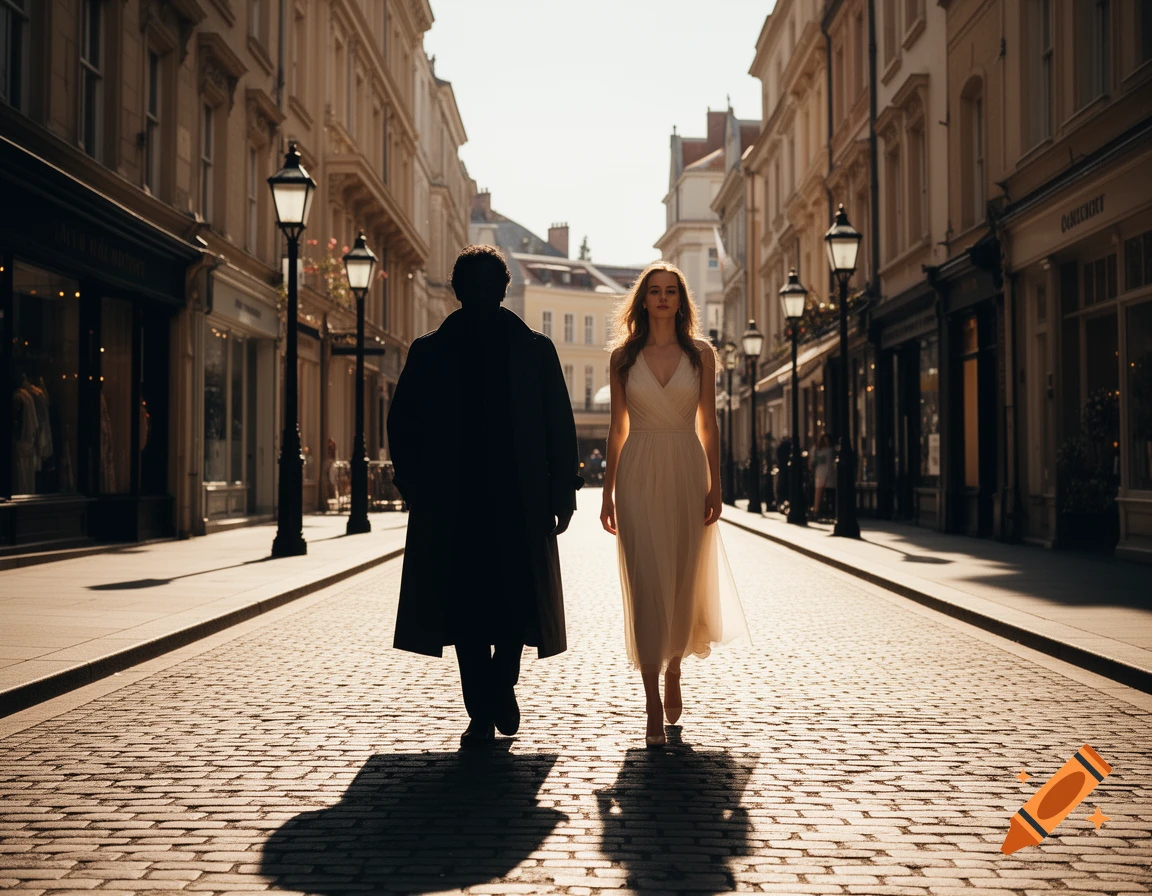A man in a trench coat and a woman in a flowing dress walk down a cobblestone street lined with old buildings and shops, bathed in bright sunlight.