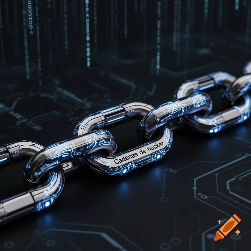 Close-up of metallic chain links with blue glowing circuits and "Cadenas de hacker" text, in a cyberpunk style.