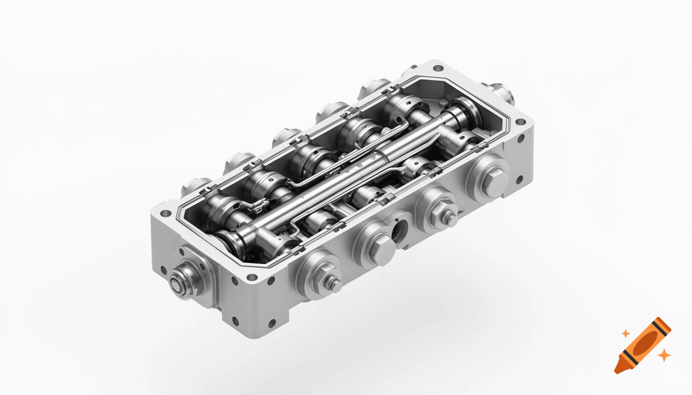 A technical 3D isometric cutaway view of an industrial lubrication progressive distributor block with internal steel pistons and oil channels, on a white background.