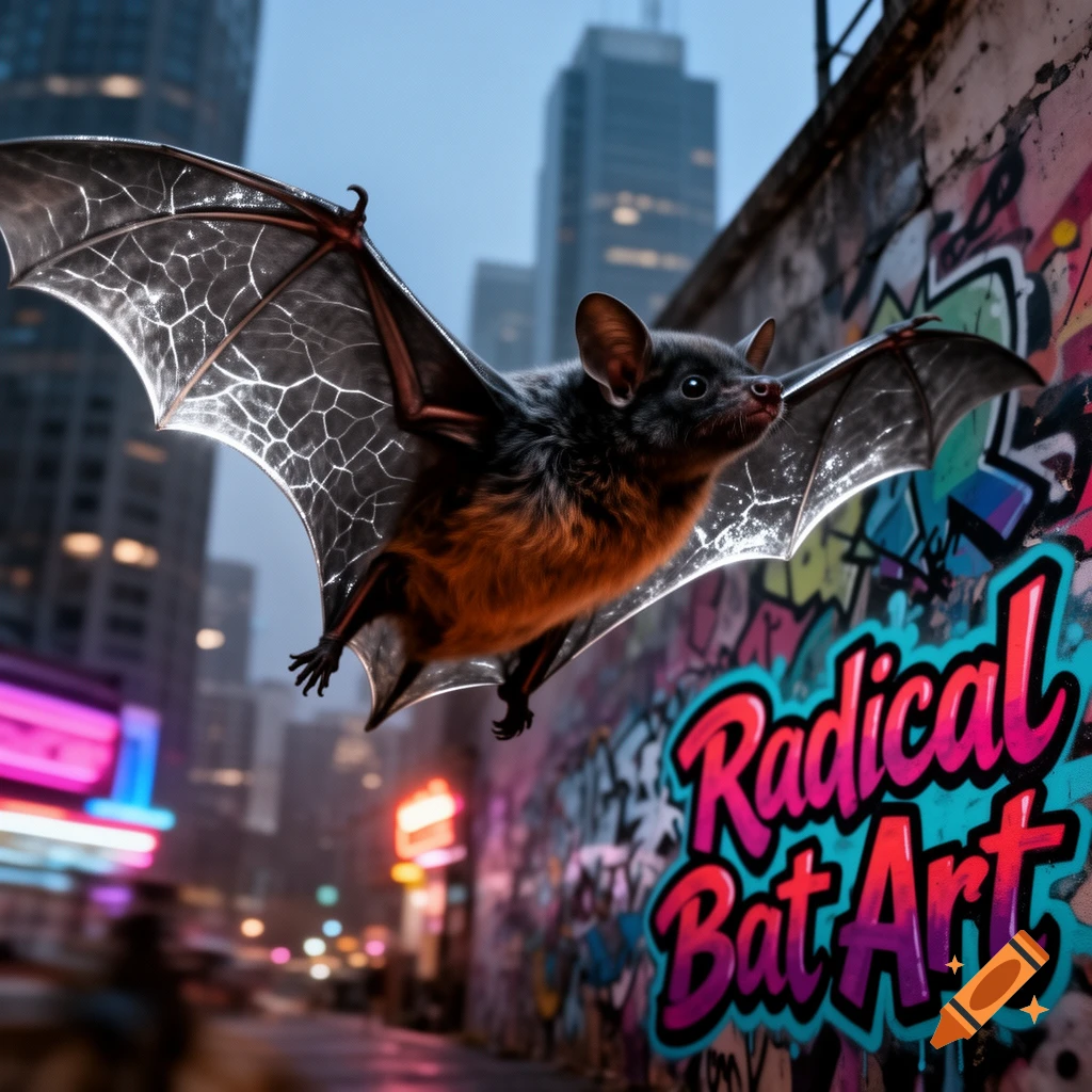 A photorealistic bat with glowing wings flies next to a graffiti wall that says 'Radical Bat Art' in a city alley at dusk.