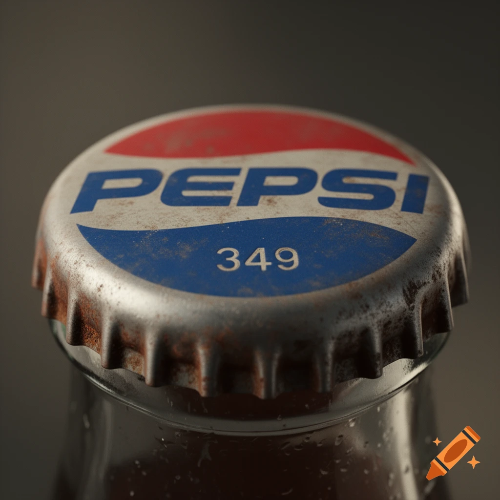 Close-up of a vintage, rusted Pepsi bottle cap with 'PEPSI' and '349' visible on a glass bottle with condensation.