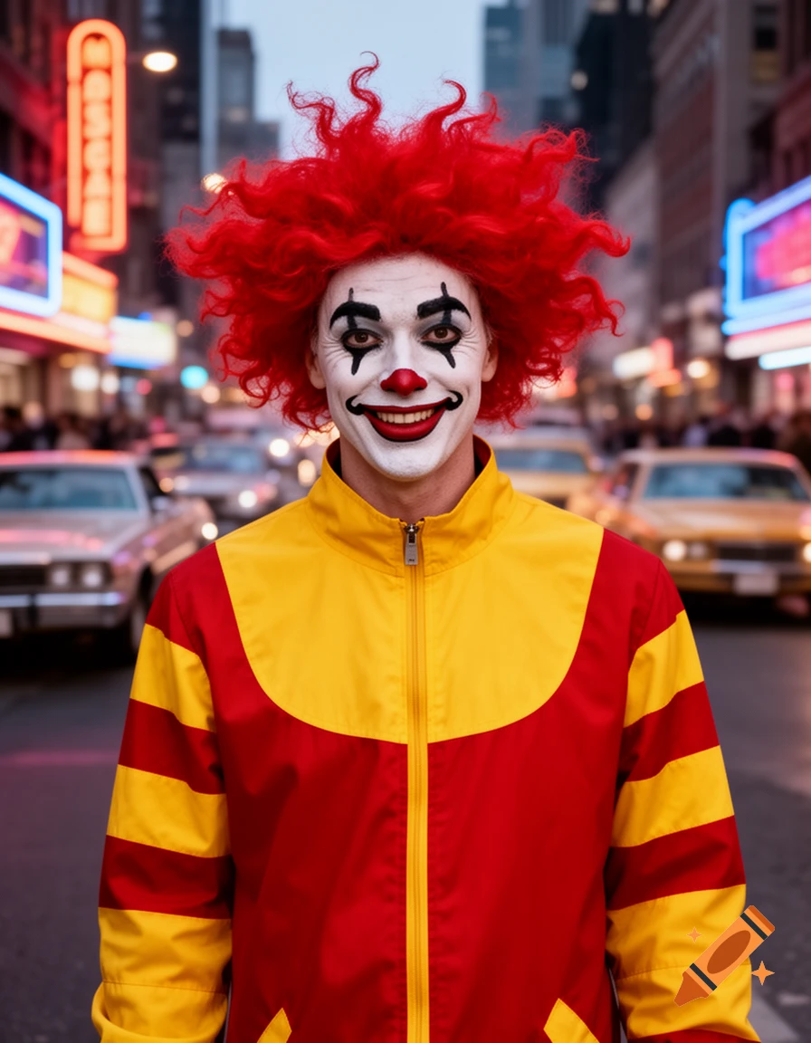 A smiling person in a red frizzy wig and white clown makeup, resembling Ronald McDonald with Danhausen's style, stands on a city street.
