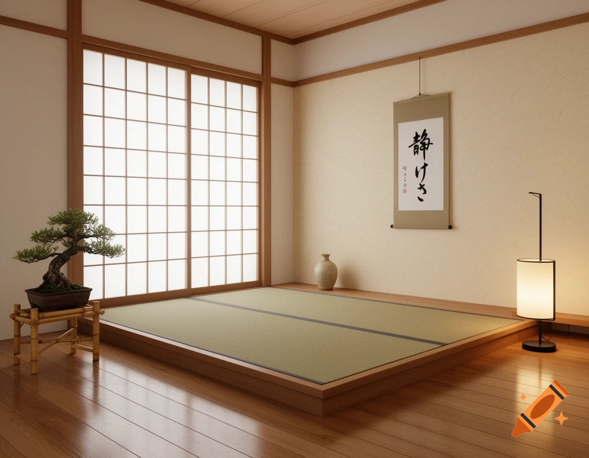 A minimalistic Japanese-style room with shoji screens, a tatami mat, a bonsai tree, and a calligraphy scroll.