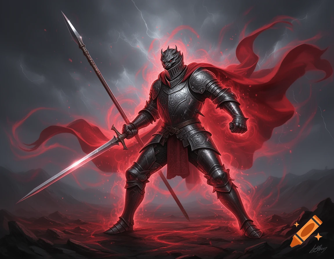 A dark fantasy knight in heavy gray armor and a horned, demonic helmet wields a glowing sword and spear amidst a red magical aura under a stormy sky.