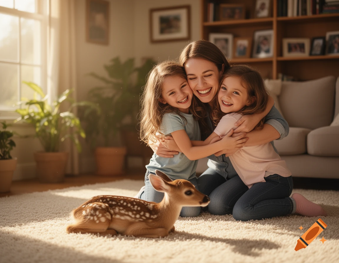 A mother embraces her two smiling daughters in a sunlit living room, a fawn lying on the carpet in the foreground. Photorealistic.