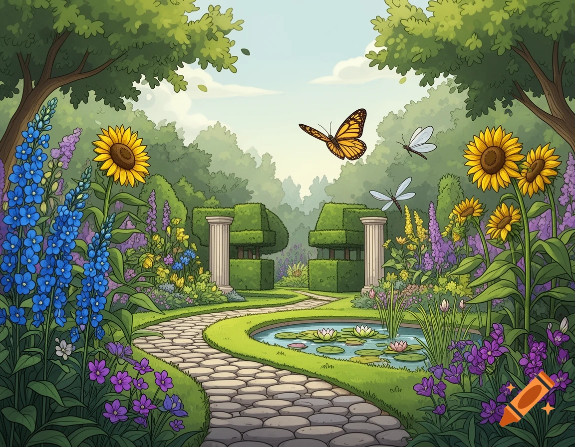 A vibrant cartoon garden featuring a winding stone path, a pond with lily pads, colorful flowers, trees, butterflies, and dragonflies.