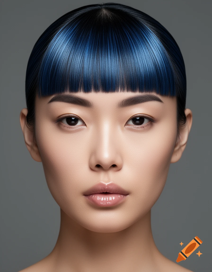 Close-up portrait of an Asian woman with dark eyes, sleek black hair with blue highlights and a straight fringe.