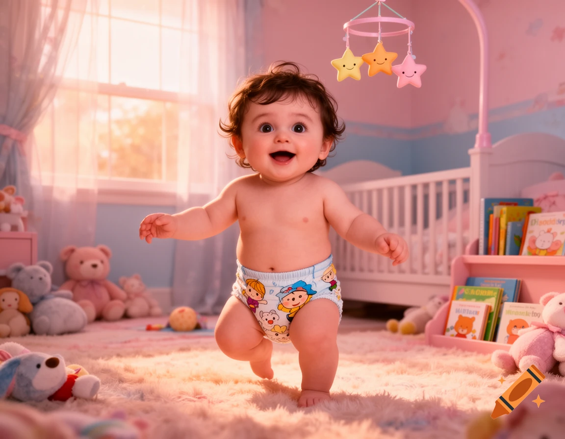 A happy baby with curly hair, wearing a patterned diaper, stands smiling on a fluffy pink rug in a pastel nursery.