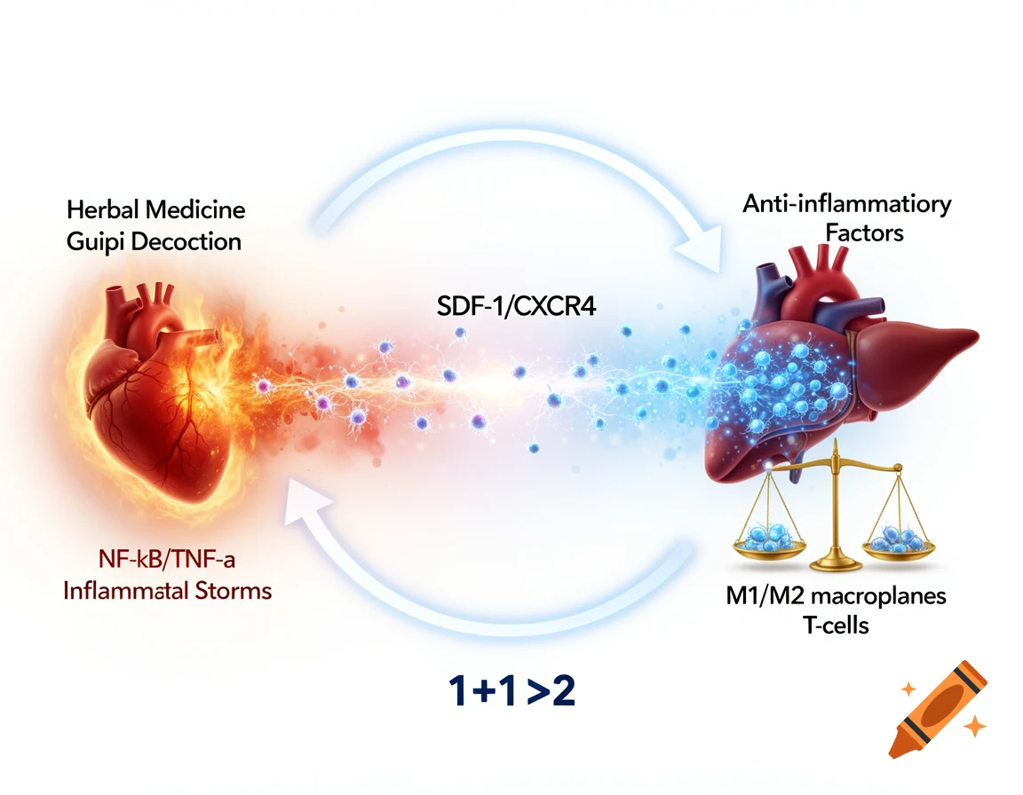 A scientific diagram illustrating the synergistic effect of herbal medicine and stem cells on heart and liver healing. A flaming heart with "NF-kB/TNF-a Inflammatal Storms" is countered by a blue glowing heart and liver with "Anti-inflammatory Factors" and "M1/M2 macroplanes T-cells." "Herbal Medicine Guipi Decoction" and "SDF-1/CXCR4" are labeled, with arrows forming a loop and "1+1>2" at the bottom.